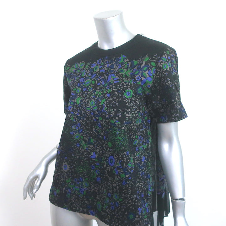 Sacai Pleated-Back Short Sleeve Top Black Floral Print Cotton &amp; Georgette Size 3