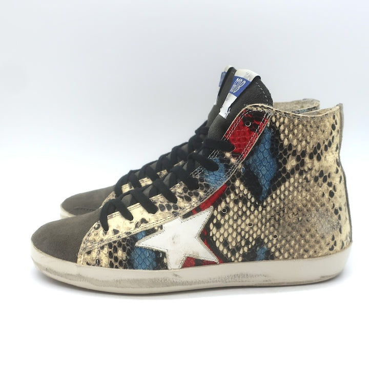 Golden Goose Francy Snake-Embossed High Top Sneakers Cream/Gray Size 37