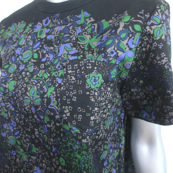 Sacai Pleated-Back Short Sleeve Top Black Floral Print Cotton &amp; Georgette Size 3