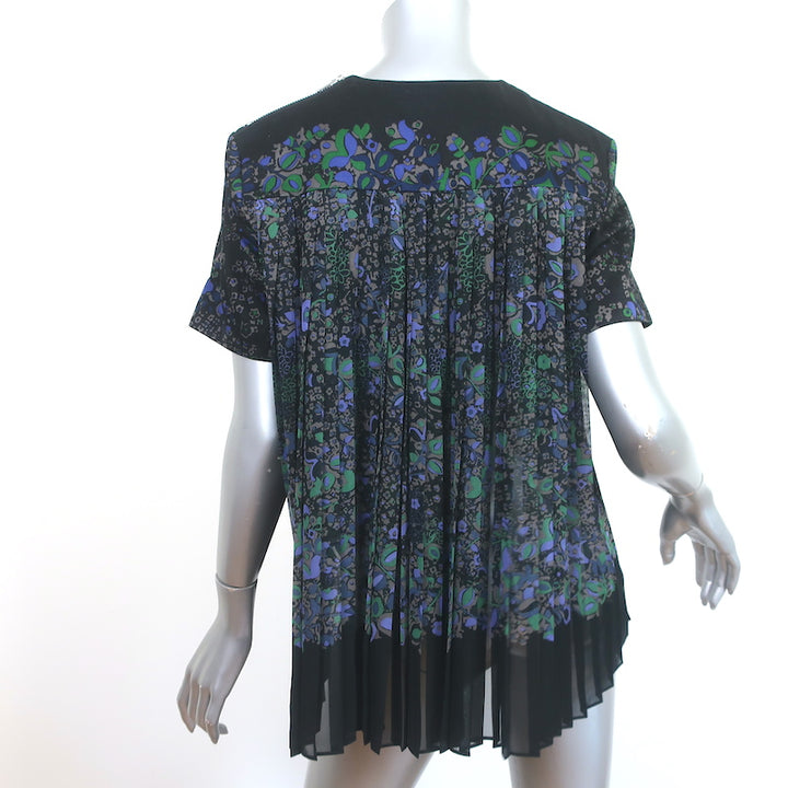 Sacai Pleated-Back Short Sleeve Top Black Floral Print Cotton &amp; Georgette Size 3