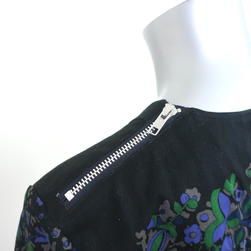 Sacai Pleated-Back Short Sleeve Top Black Floral Print Cotton &amp; Georgette Size 3