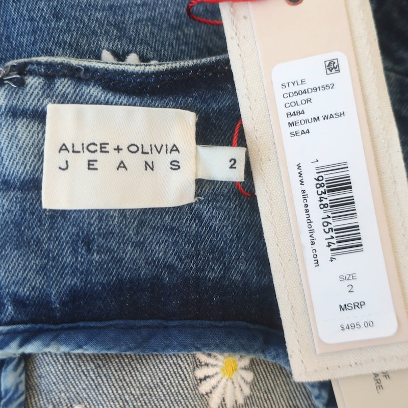 Alice + Olivia Wynell Daisy-Embroidered Denim Mini Dress Medium Wash Size 2 NEW