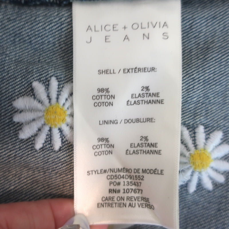 Alice + Olivia Wynell Daisy-Embroidered Denim Mini Dress Medium Wash Size 2 NEW