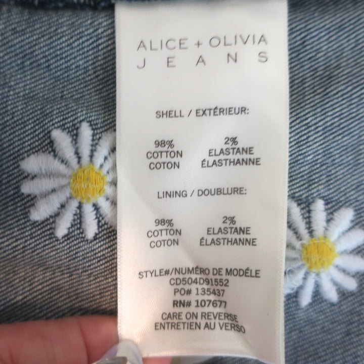 Alice + Olivia Wynell Daisy-Embroidered Denim Mini Dress Medium Wash Size 2 NEW