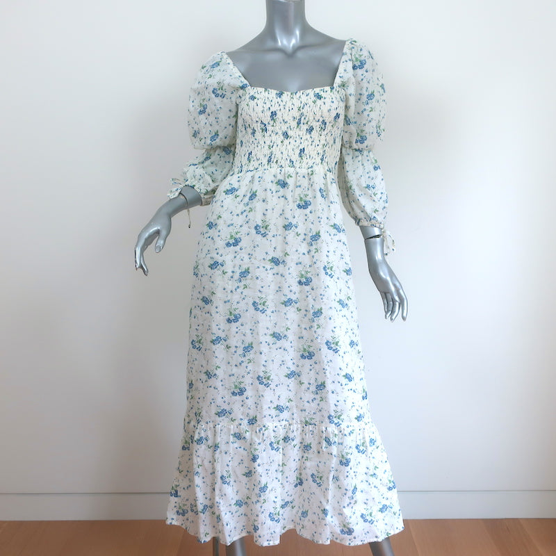 Faithfull the Brand Midi Dress Marita White Floral Print Linen Size Ex Celebrity Owned Faithfull the Brand Midi Dress Marita White Floral Print Linen Size Ex Celebrity Owned