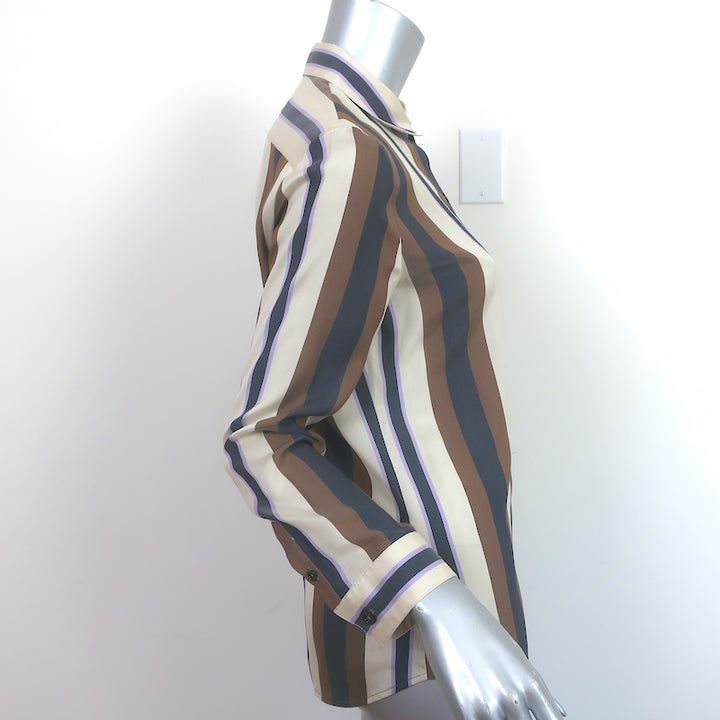The Row Striped Shirt Jorty Brown/Cream Silk Size 8 Long Sleeve Blouse