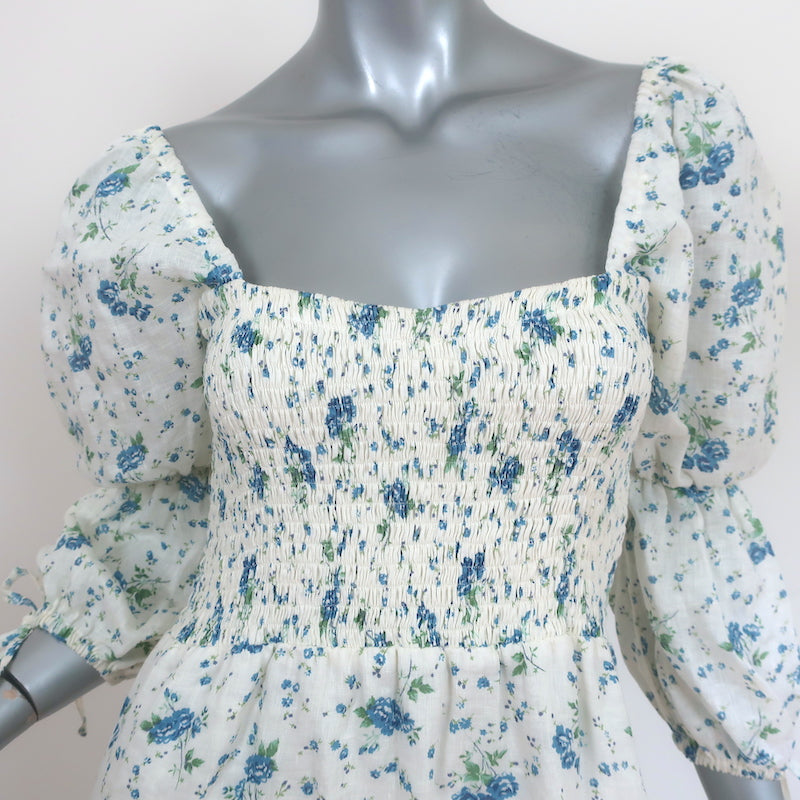 Faithfull the Brand Midi Dress Marita White Floral Print Linen Size Extra Small