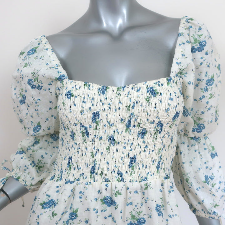 Faithfull the Brand Midi Dress Marita White Floral Print Linen Size Extra Small