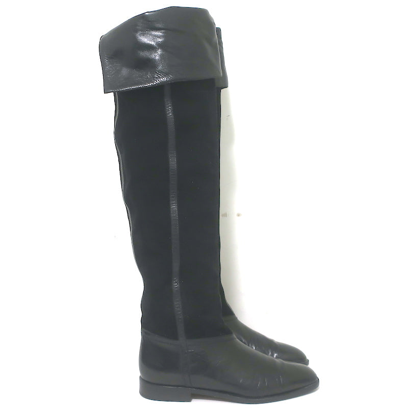 Vintage Bottega Veneta Over the Knee Flat Boots Black Leather &amp; Suede Size 38