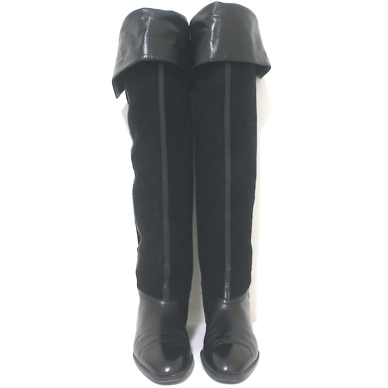 Vintage Bottega Veneta Over the Knee Flat Boots Black Leather &amp; Suede Size 38