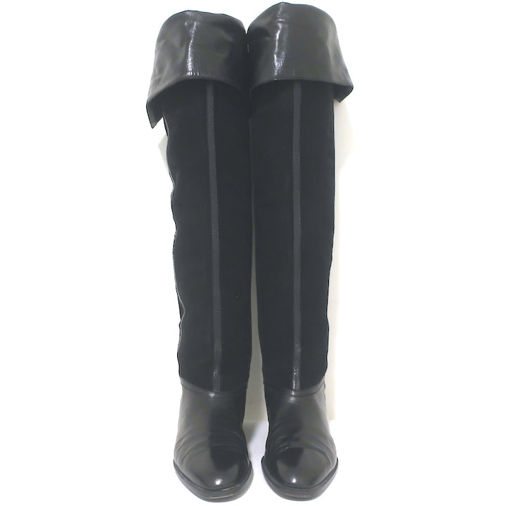 Vintage Bottega Veneta Over the Knee Flat Boots Black Leather &amp; Suede Size 38