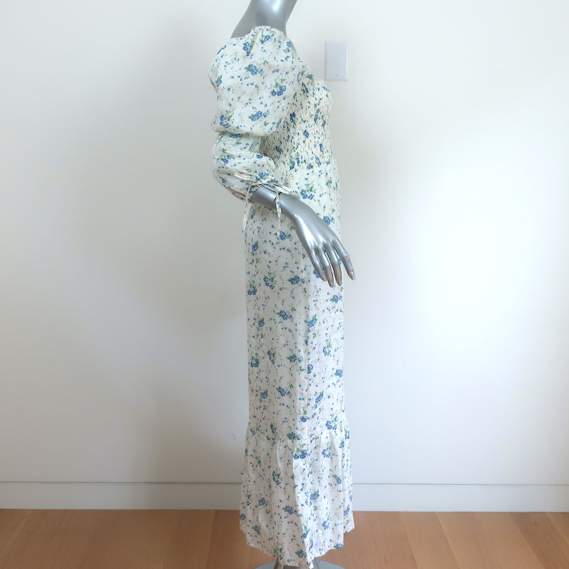Faithfull the Brand Midi Dress Marita White Floral Print Linen Size Extra Small