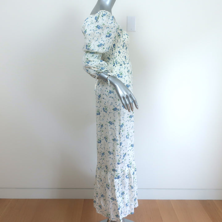 Faithfull the Brand Midi Dress Marita White Floral Print Linen Size Extra Small
