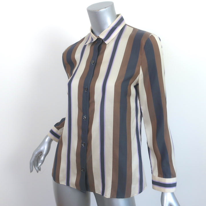 The Row Striped Shirt Jorty Brown/Cream Silk Size 8 Long Sleeve Blouse