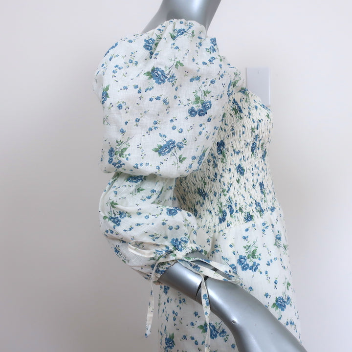 Faithfull the Brand Midi Dress Marita White Floral Print Linen Size Extra Small