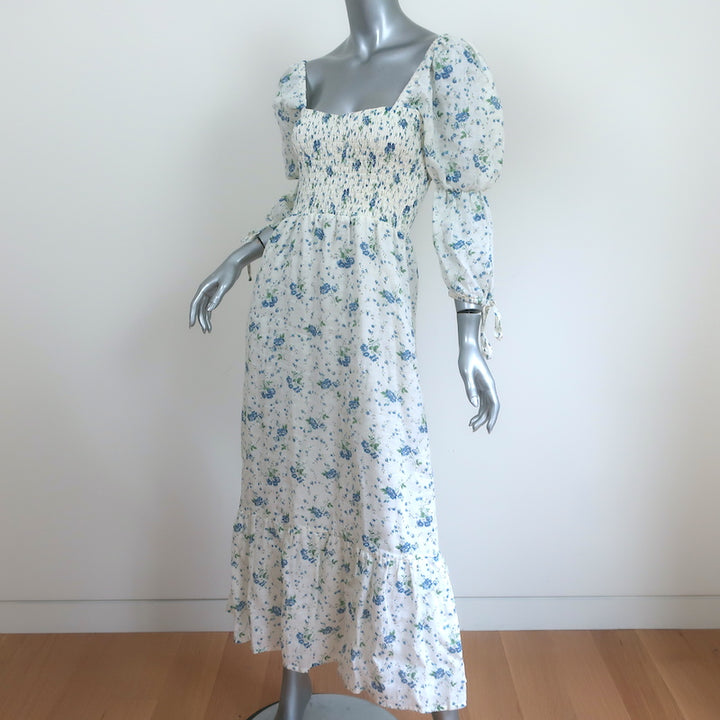 Faithfull the Brand Midi Dress Marita White Floral Print Linen Size Extra Small