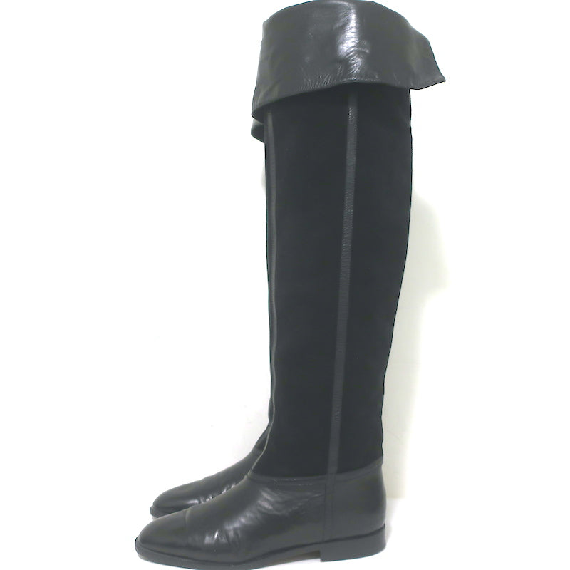 Vintage Bottega Veneta Over the Knee Flat Boots Black Leather &amp; Suede Size 38
