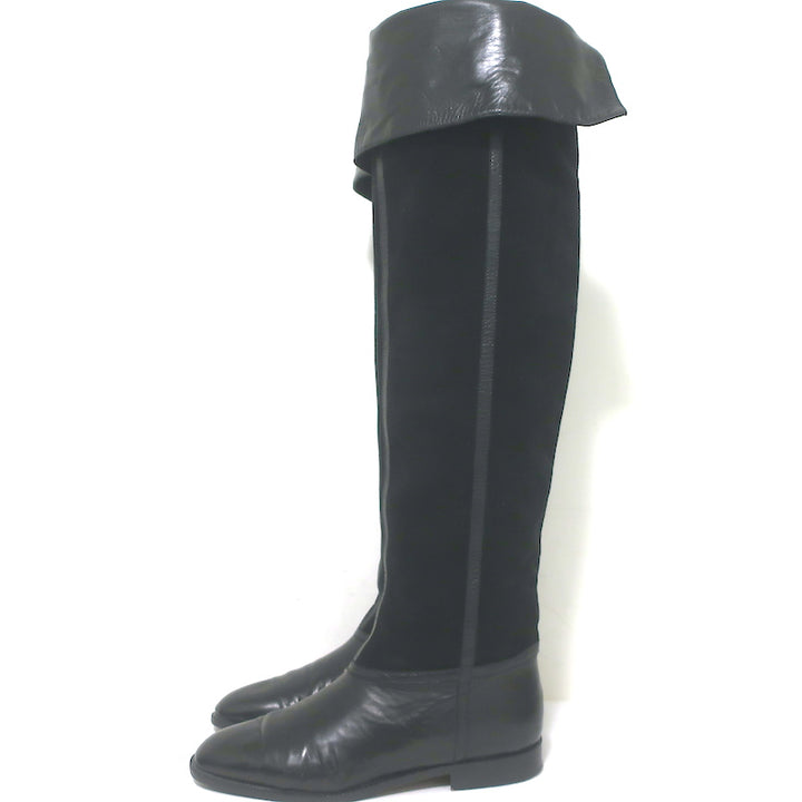 Vintage Bottega Veneta Over the Knee Flat Boots Black Leather &amp; Suede Size 38
