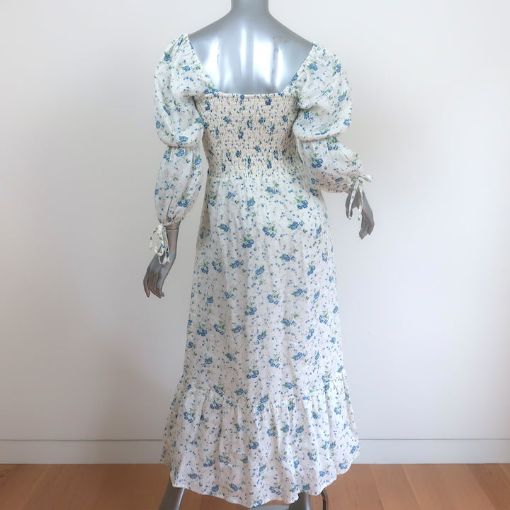 Faithfull the Brand Midi Dress Marita White Floral Print Linen Size Extra Small