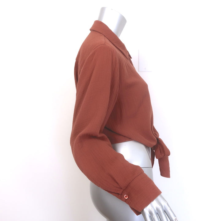 Jonathan Simkhai Annabella Tie-Front Top Brown Cotton Gauze Size Medium