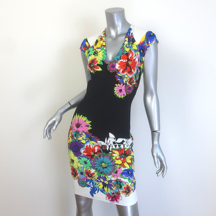 Roberto Cavalli Floral Print Mini Dress Black/Multicolor Stretch Jersey Size 42