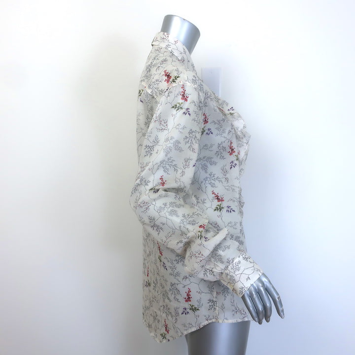 Saint Laurent Ruffle-Front Button Down Shirt White Floral Print Cotton Size 42