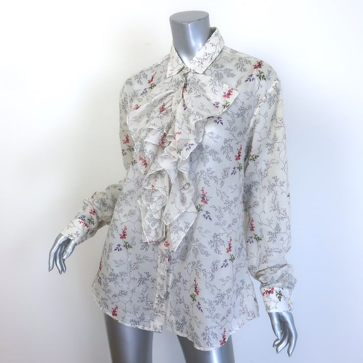 Saint Laurent Ruffle-Front Button Down Shirt White Floral Print Cotton Size 42