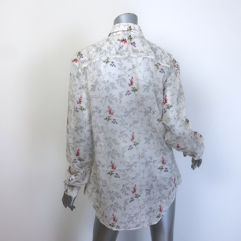 Saint Laurent Ruffle-Front Button Down Shirt White Floral Print Cotton Size 42