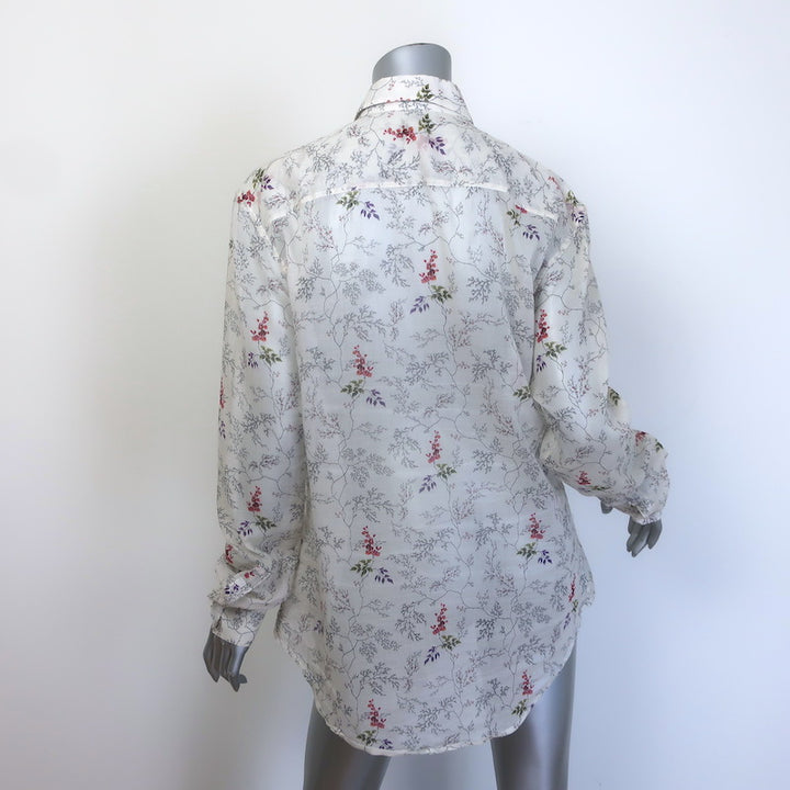 Saint Laurent Ruffle-Front Button Down Shirt White Floral Print Cotton Size 42