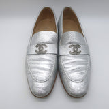 Chanel CC Metallic Leather Loafers Silver Size 38.5