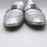Chanel CC Metallic Leather Loafers Silver Size 38.5