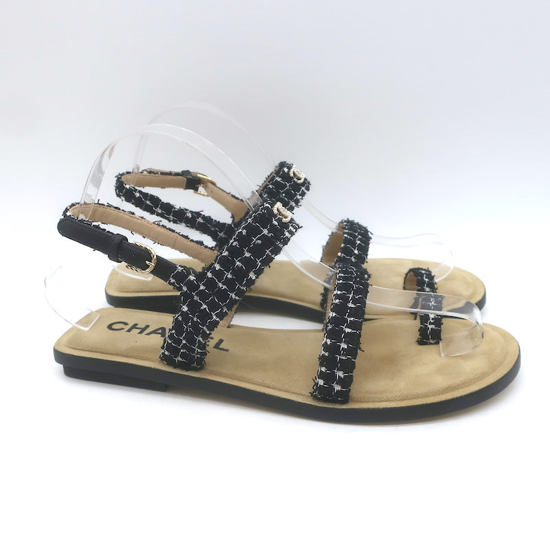 Chanel 21P Pearl CC Tweed Toe-Strap Slingback Sandals Black Size 38.5