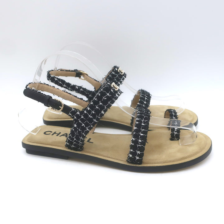 Chanel 21P Pearl CC Tweed Toe-Strap Slingback Sandals Black Size 38.5