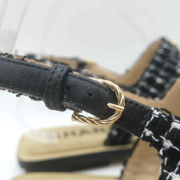 Chanel 21P Pearl CC Tweed Toe-Strap Slingback Sandals Black Size 38.5