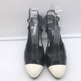 Chanel Cap Toe Slingback Platform Pumps Black & White Patent Leather Size 39.5