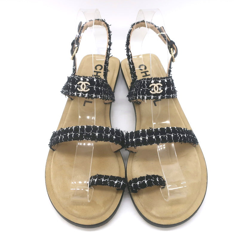Chanel 21P Pearl CC Tweed Toe-Strap Slingback Sandals Black Size 38.5