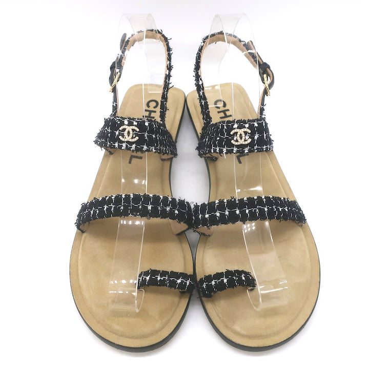 Chanel 21P Pearl CC Tweed Toe-Strap Slingback Sandals Black Size 38.5
