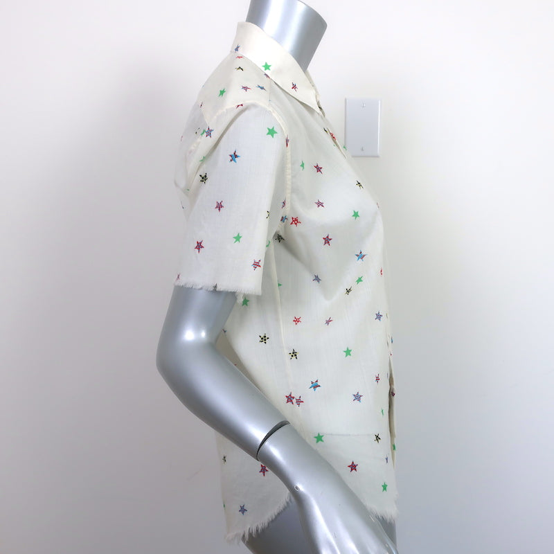 Saint Laurent Star Print Shirt Ivory Lightweight Wool Size 34 Short Sleeve Top
