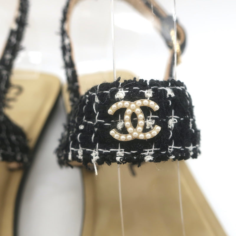 Chanel 21P Pearl CC Tweed Toe-Strap Slingback Sandals Black Size 38.5