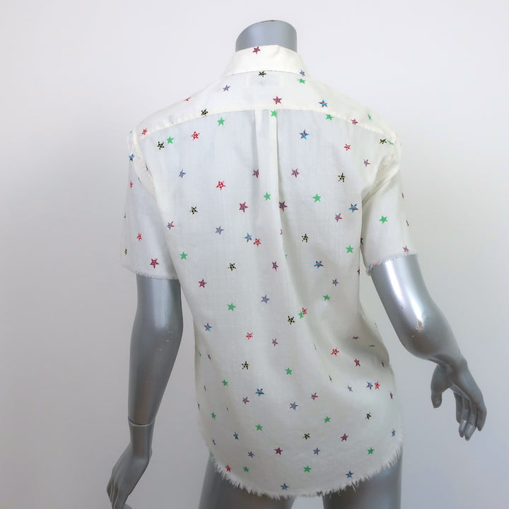 Saint Laurent Star Print Shirt Ivory Lightweight Wool Size 34 Short Sleeve Top