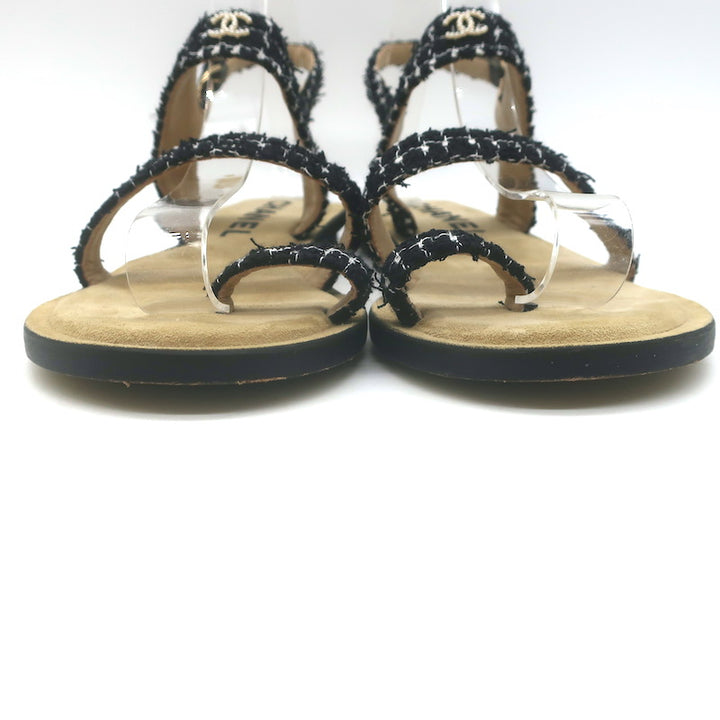 Chanel 21P Pearl CC Tweed Toe-Strap Slingback Sandals Black Size 38.5