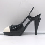 Chanel Cap Toe Slingback Platform Pumps Black & White Patent Leather Size 39.5