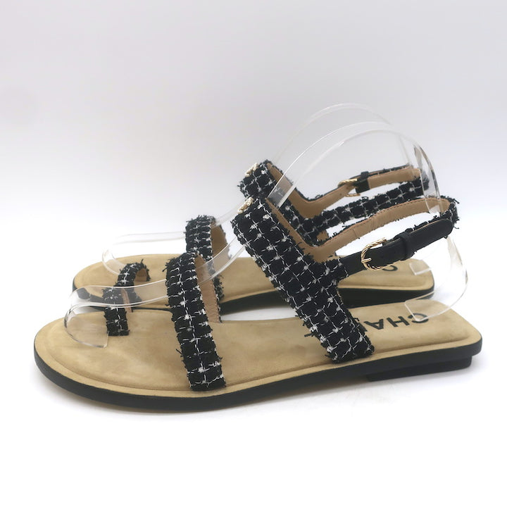 Chanel 21P Pearl CC Tweed Toe-Strap Slingback Sandals Black Size 38.5