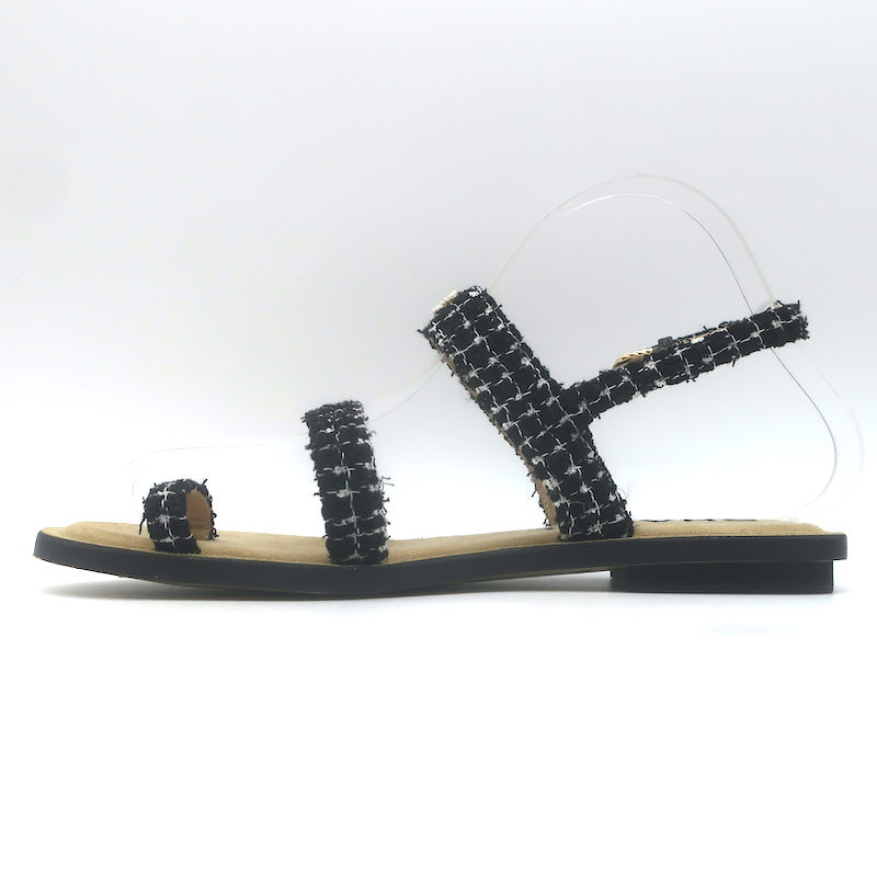 Chanel 21P Pearl CC Tweed Toe-Strap Slingback Sandals Black Size 38.5