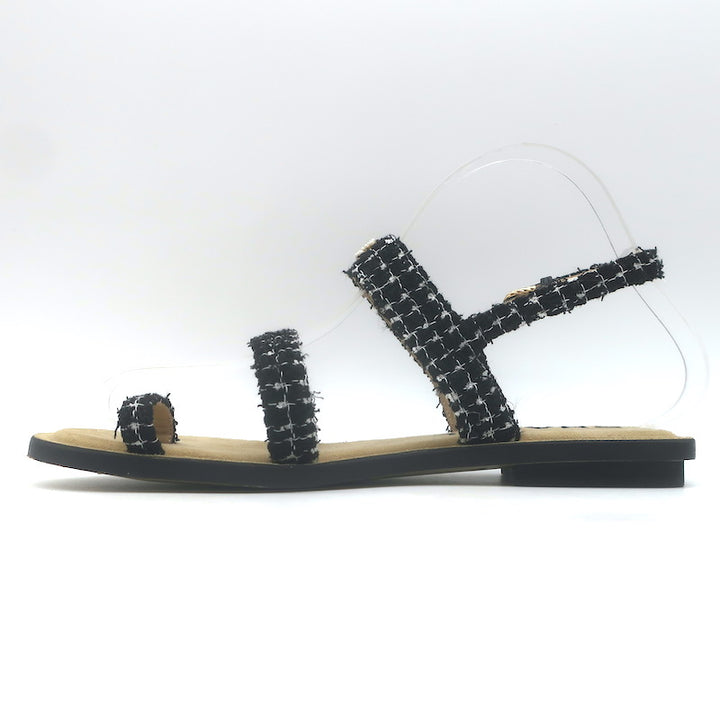 Chanel 21P Pearl CC Tweed Toe-Strap Slingback Sandals Black Size 38.5