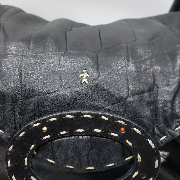 Henry Beguelin Large Fold-Over Shoulder Bag Black Croc-Embossed Leather