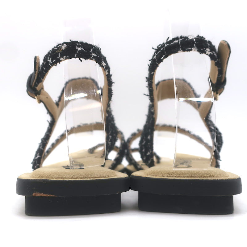 Chanel 21P Pearl CC Tweed Toe-Strap Slingback Sandals Black Size 38.5