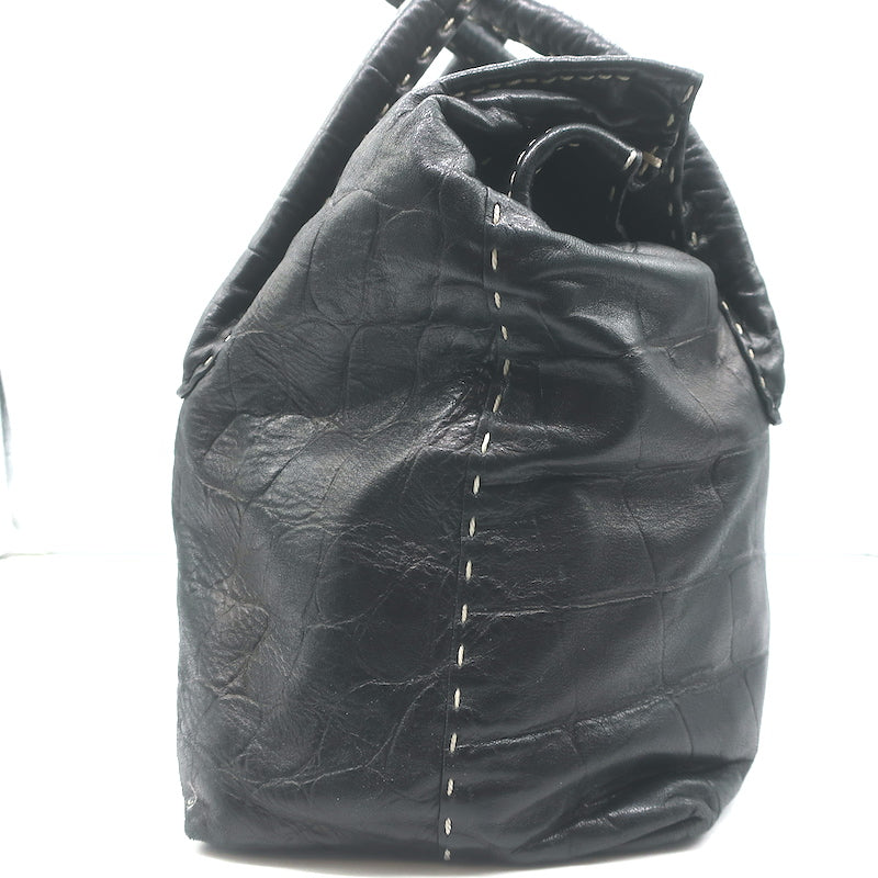Henry Beguelin Large Fold-Over Shoulder Bag Black Croc-Embossed Leather
