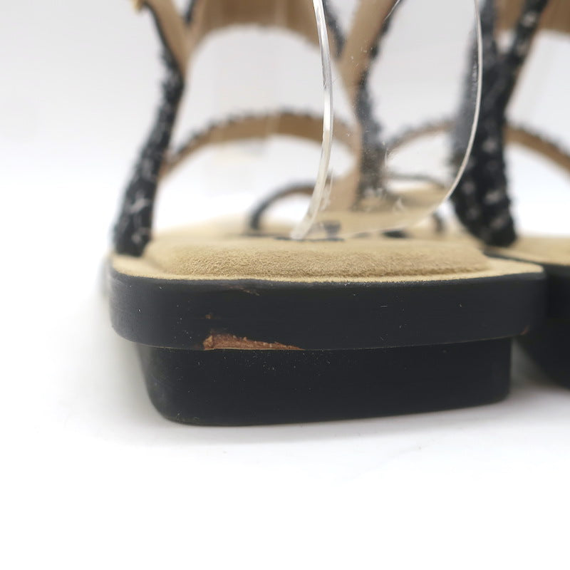 Chanel 21P Pearl CC Tweed Toe-Strap Slingback Sandals Black Size 38.5