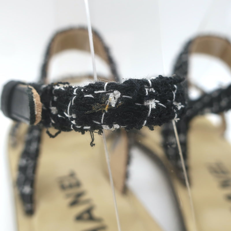 Chanel 21P Pearl CC Tweed Toe-Strap Slingback Sandals Black Size 38.5